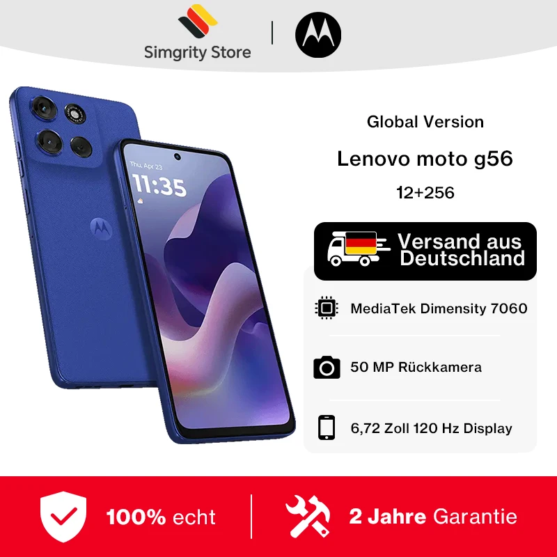 Version mondiale Lenovo moto g56 5G Motorola g56 5G MediaTek Dimensity 7060 �cran 6,72 pouces 120 Hz Appareil photo arri�re 50 Mpx IP68 et IP69