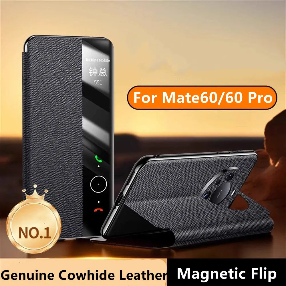 حافظة قلبة مغناطيسية لهاتف huow Mate60 Pro ، جلد البقر الفاخر ، غطاء حامل رؤية النافذة