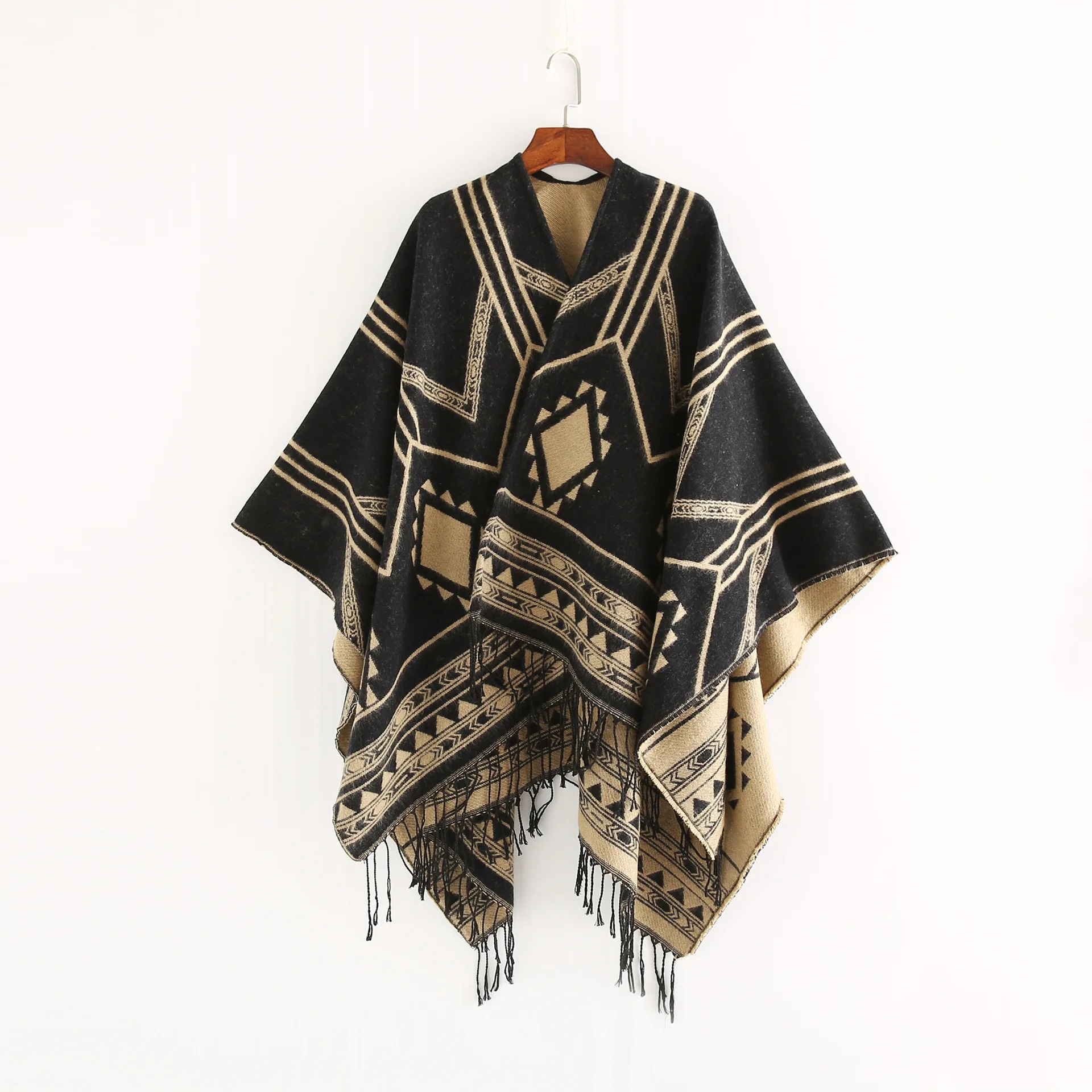New Indian Nepali Style Shawl - Geometric Fringe Long Split Cape, Women's Warm Bohemian Poncho