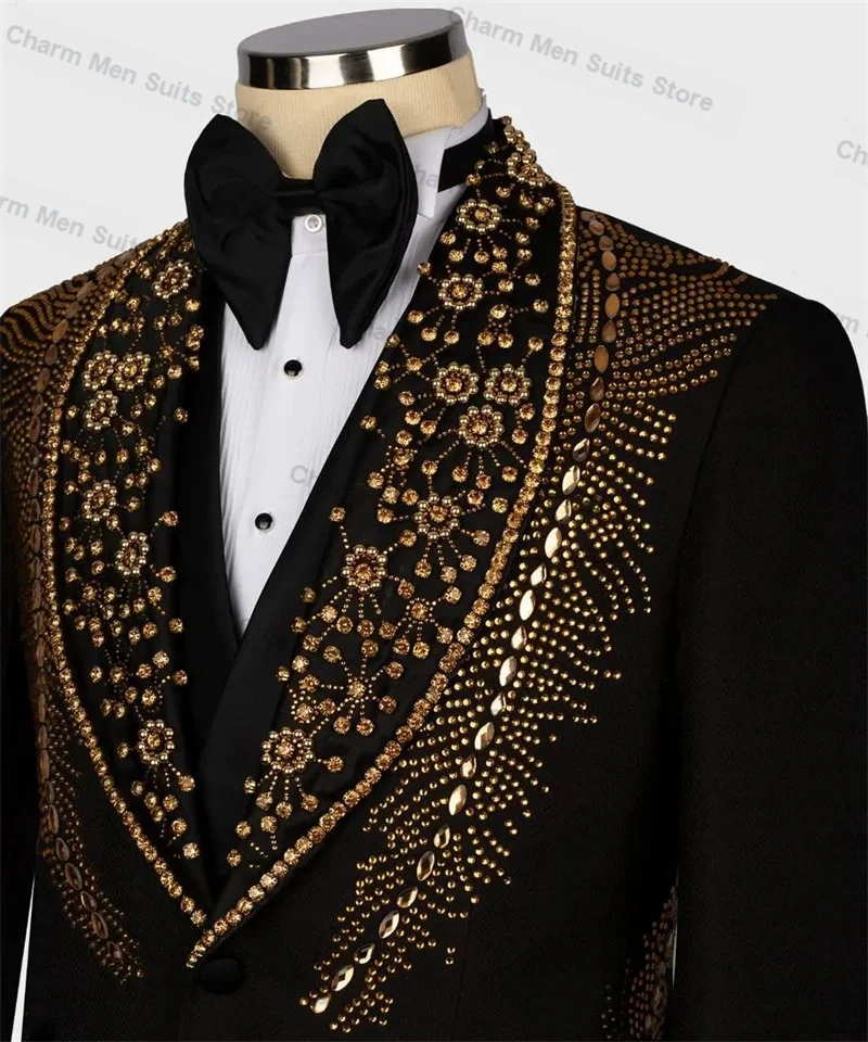 Golden Crystals Men Suits Pants Set 2 Piece Black Blazer+Trousers Customized Wedding Tuxedo Formal Office Jacket Prom Outfit