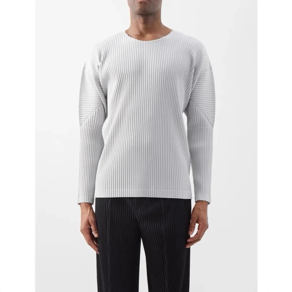 Miyake Pleated Original T-shirt Long-sleeved Round Neck Fold Men's Tops 2025 Summer Pleat T-shirt Casual Classic Loose Japanese