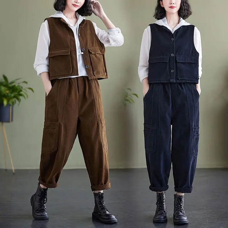 Tooling Vest Jacket And Pants Suit Female Autumn Loose Large Size Sleeveless Waistcoat Top Casual Harem Trousers 2 Piece Set T24