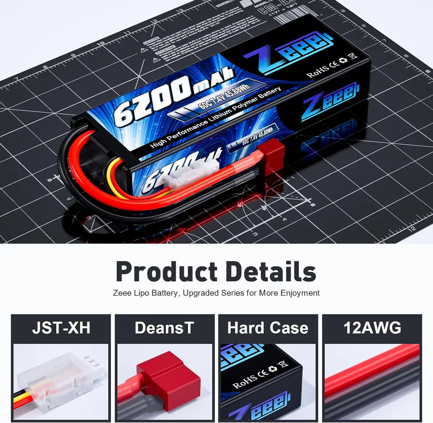 Zeee-batería Lipo de 7,4 V, 60C, 6200mAh, con enchufe Deans, 2S, carcasa dura, para coche, camión, vehículos, Truggy, barco