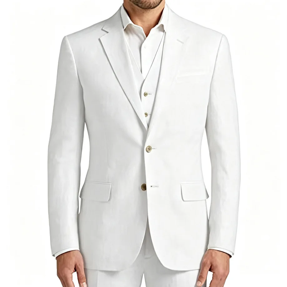 3 Piece White/Blue Linen Summer Men Suits for Wedding Groom Tuxedos Casual Beach Man Suit Set Jacket Vest with Pants for Party