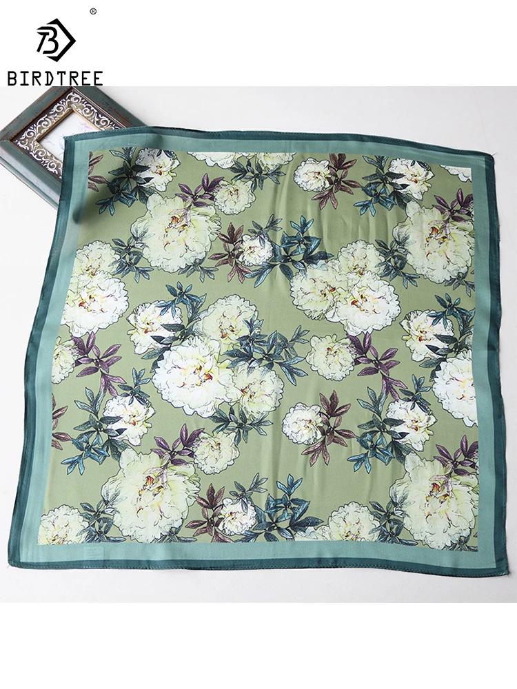 

Birdtree 100%Real Silk Square Scarf Flower Print Literary Retro Comfortable Soft Mom's Gift Silk Scarf 2024 Spring A41414QD