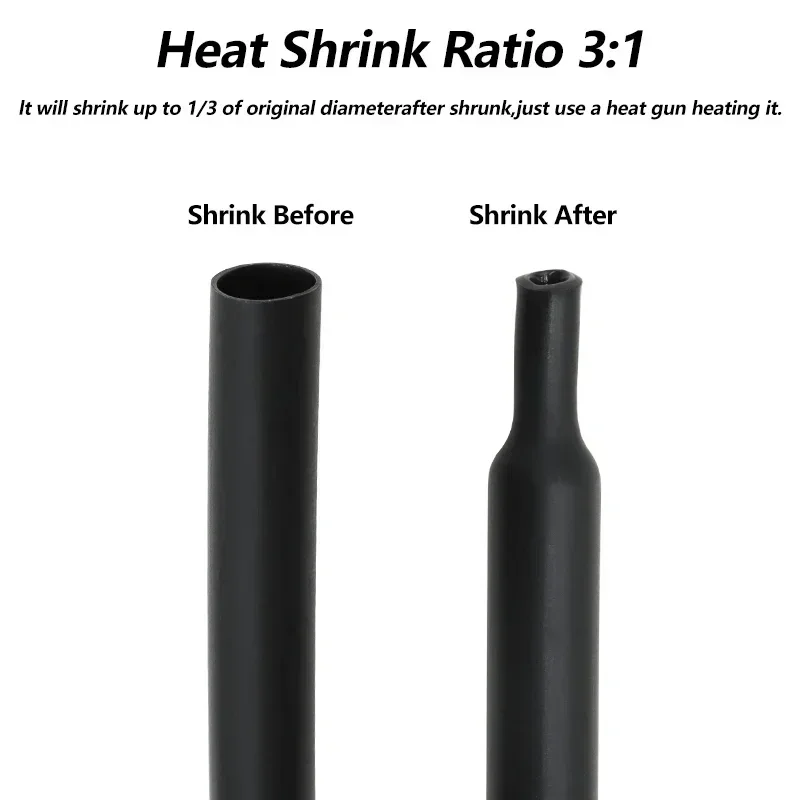 1~10m 3:1 Heat Shrink Tubing With Glue 1.6 ~ 50mm Black Double Wall Adhensive Polyolefin Sleeve Lined Wire Cable Protector