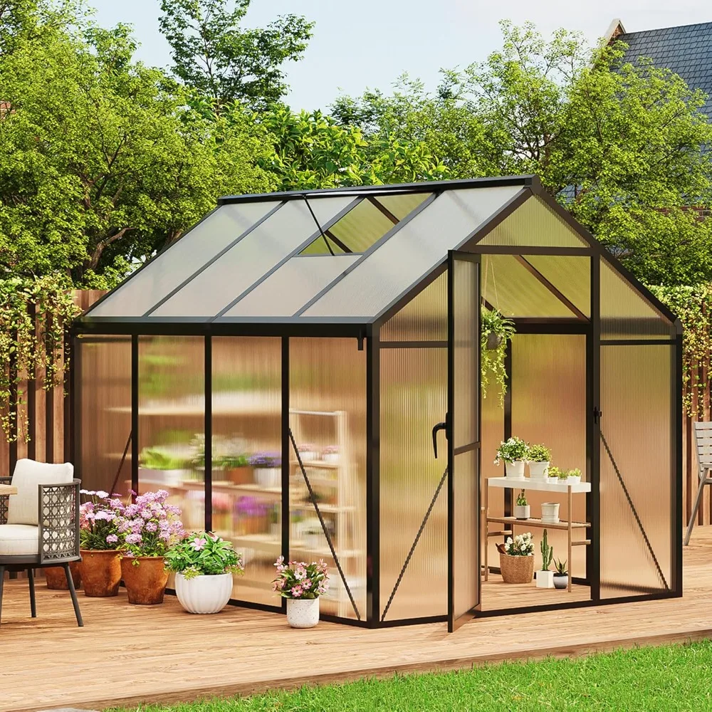 6x8 FT kas, kassen voor buiten, polycarbonaat kas met aluminium frame, afsluitbare deur en verstelbare dak Ven
