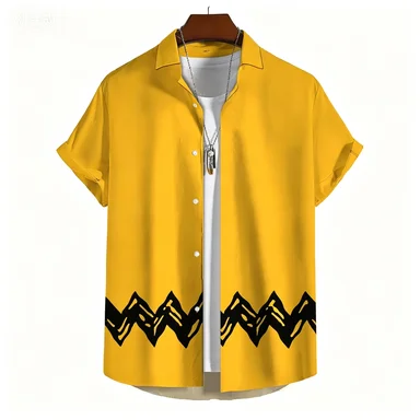 2026 Simple Yellow Background, Fine Black Wavy Hem, Short Sleeved Shirt, Retro Casual Men's Shirt