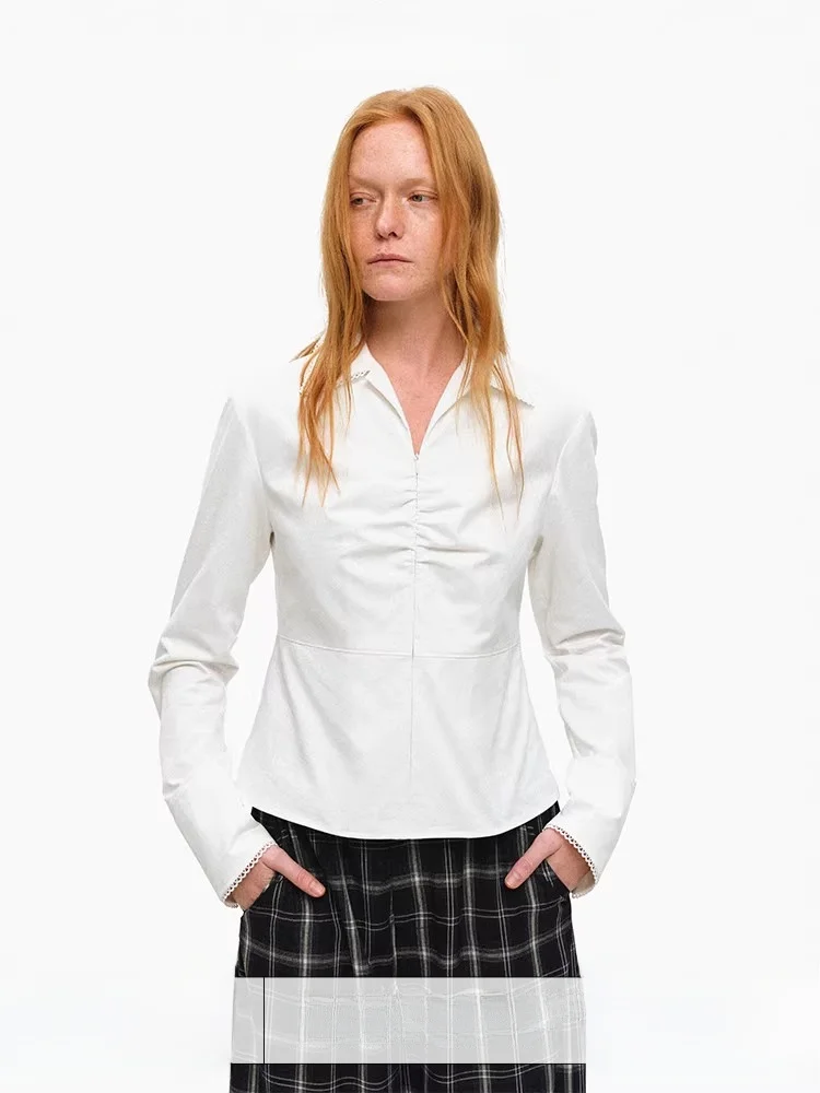 

Age of Ascent Cuban Collar Long Sve irt Women's Design Slim Fit Waist Cinched Pleated White Slimming Top French Sle Co...
