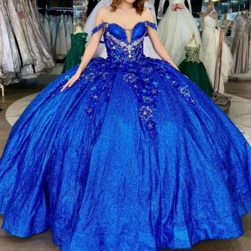 

NAQ12 Customized Shinny Royal Blue Quinceanera Dresses Ball Gown Crystal Lace Up Sweet 15 16 Girl Birthday Party Prom Dress 2025