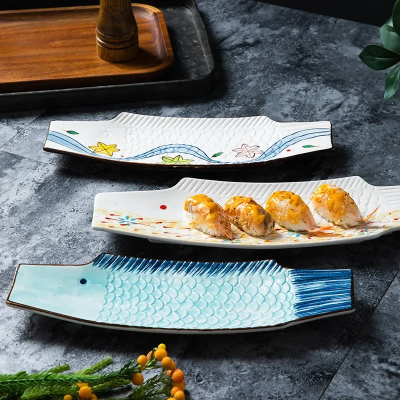 Japanese hand-painted fish-shaped plate sashimi platter dish long plate hotel ceramic Japanese creative tableware