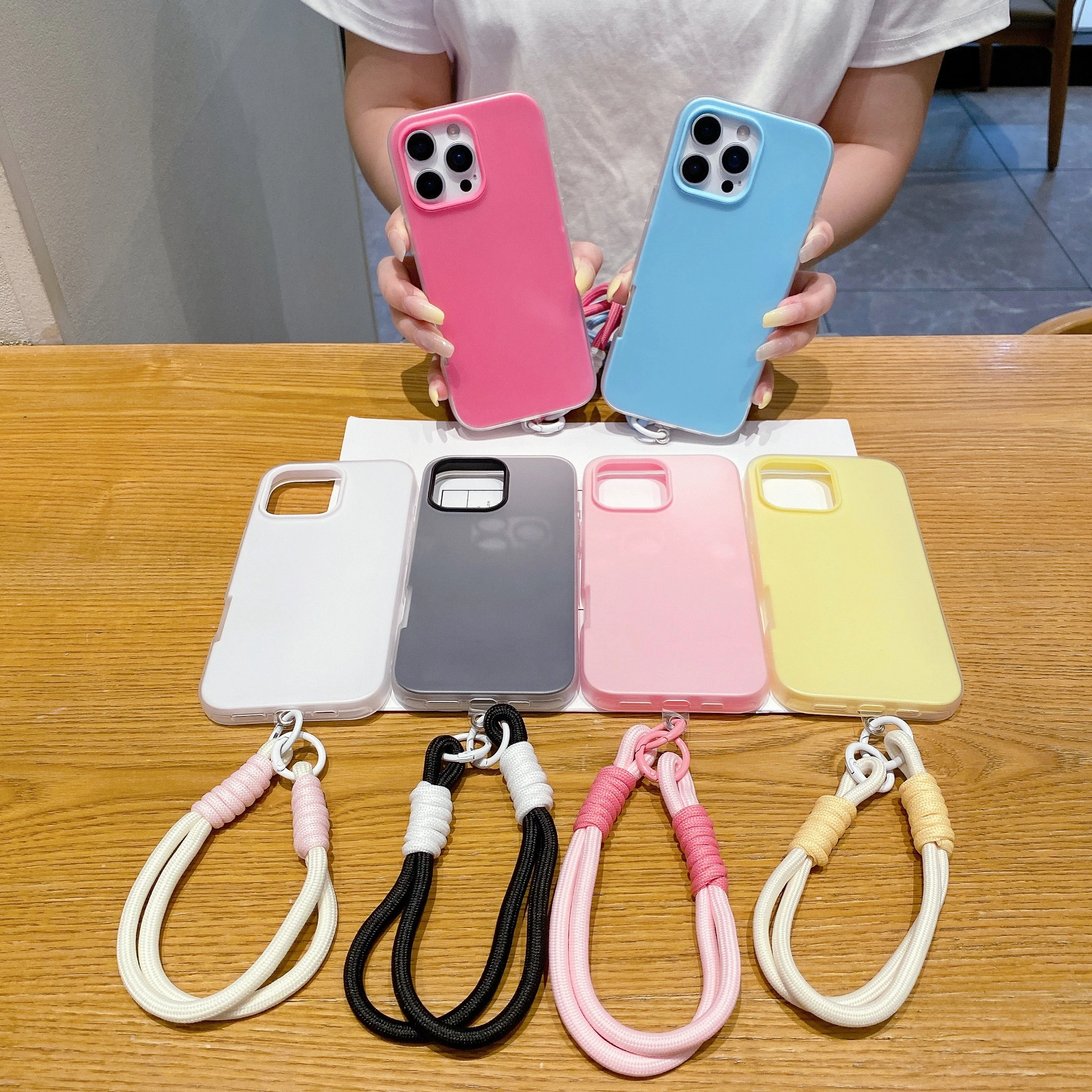 Bonbonfarbene 2-in-1-Handyhülle mit Handgelenkschlaufe für iPhone 17 11 13 12 14 15 16 Pro Max XS XR X 7 8 Plus 17 Air mit Lanyard, matte Abdeckung – Detail 2