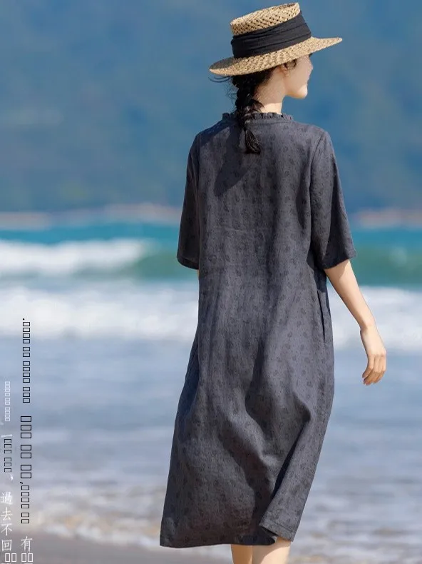 تنورة Ele A-Line Midi Dr Summer 2025 من القطن والكتان مطبوعة Gored Ne تنورة تنحيف ort Sve للسيدات عتيقة