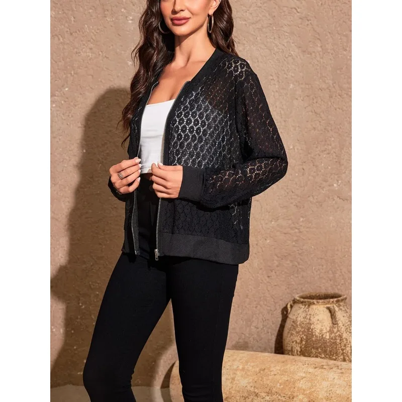 Plus Size Women\'s Zip Up Contrast Lace Bomber Jacket Spring and Autumn Fashion Temperament Casual Solid Color Jacket Women