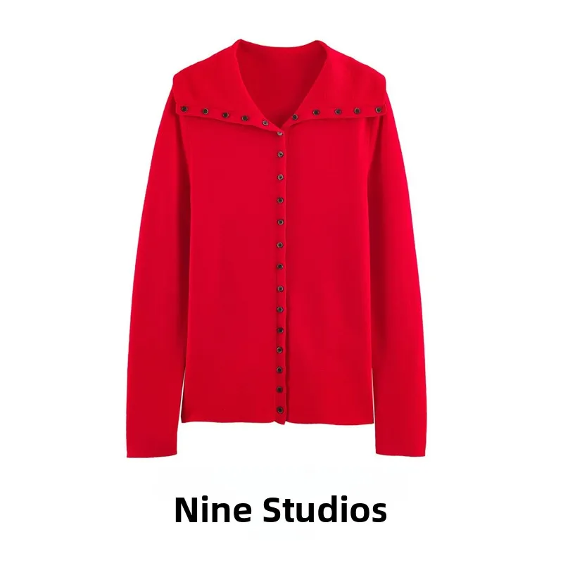 NINE ZAR Women's  Color Knitted Cardigan Long Sleeve Large Collar Multi-Button Outerwear Fashionable Winter Coat