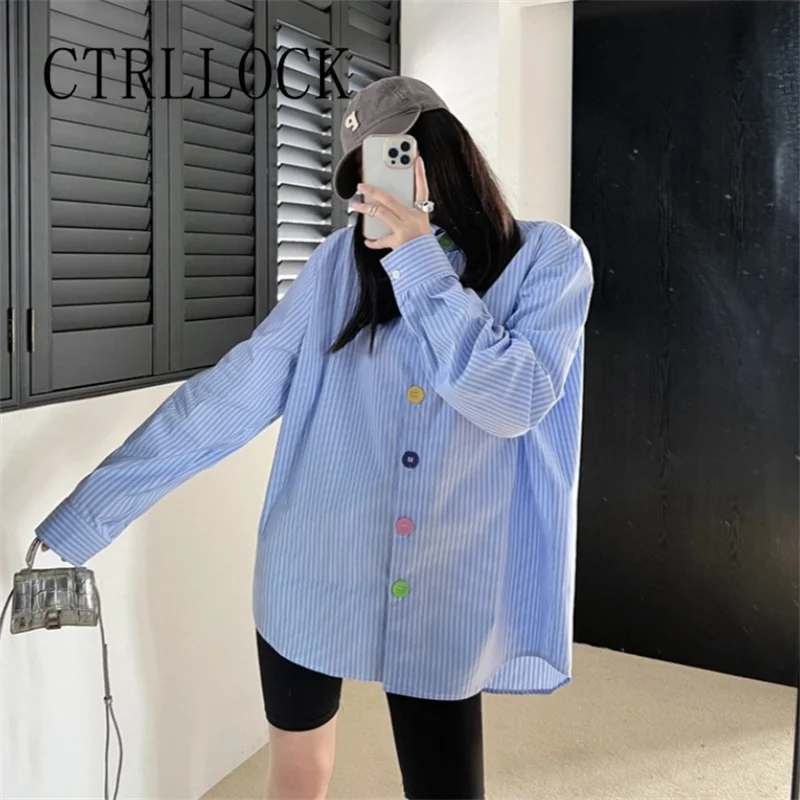 

CTRLLOCK Stylish Blue Stripe Shirt Women's Casual Colorful Buttons Long Sleeve Blouse