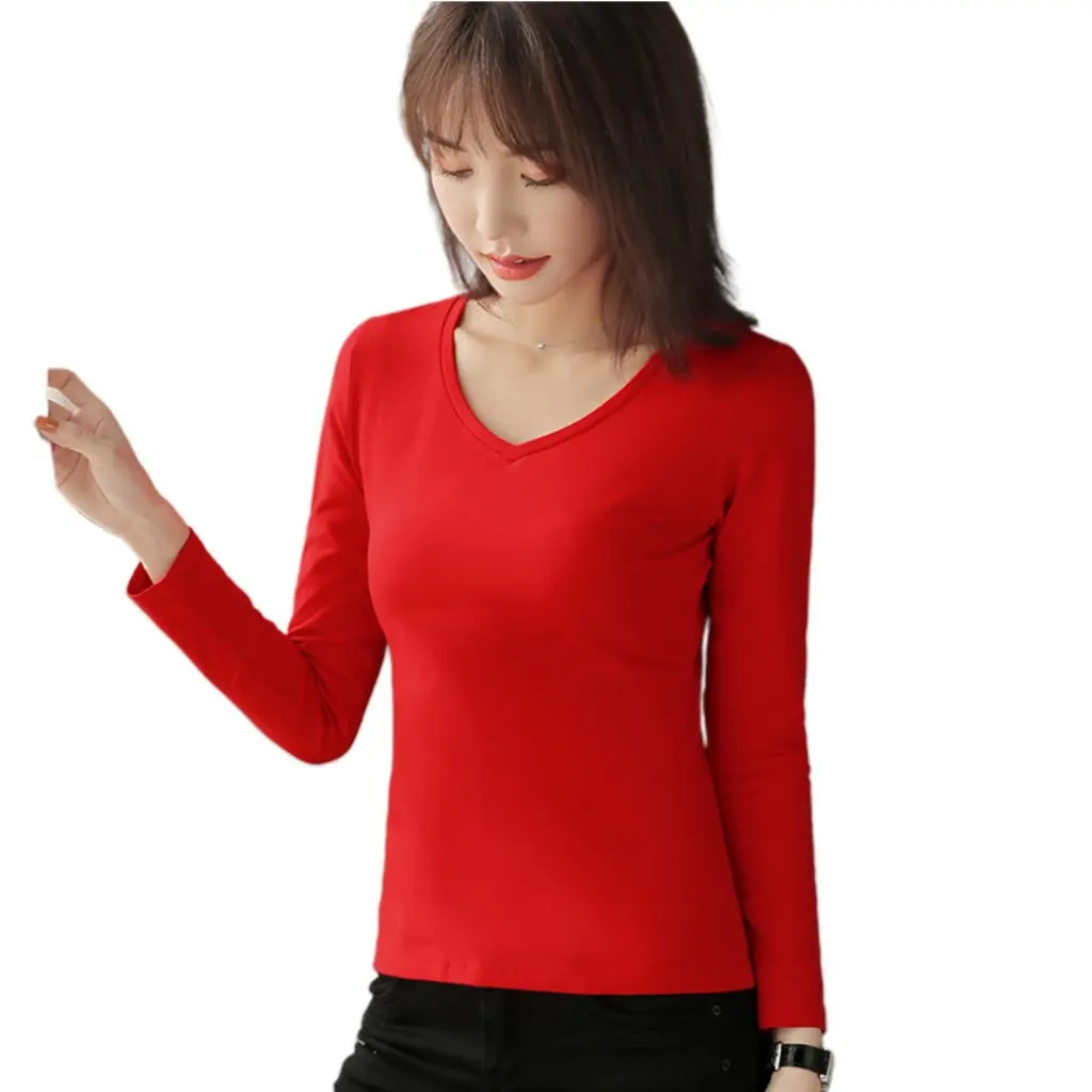 

Korean Style Women's Slim-fit T-shirt V-neck Pure Cotton Casual Fashionable Spring Autumn Long Sleeve Base Shirt for Instagram