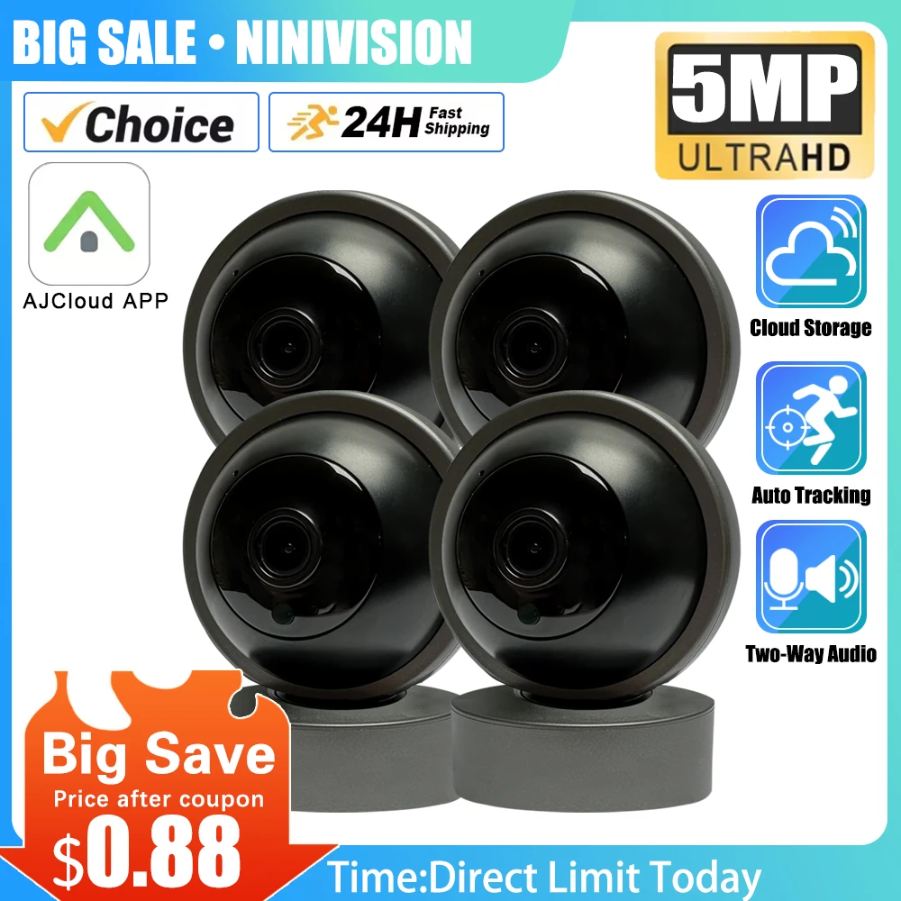 5MP AJCloud APP Mini WiFi IP Camera Indoor Wireless Two-Way Audio Security AI Auto Tracking CCTV Surveillance Mini Home Camera