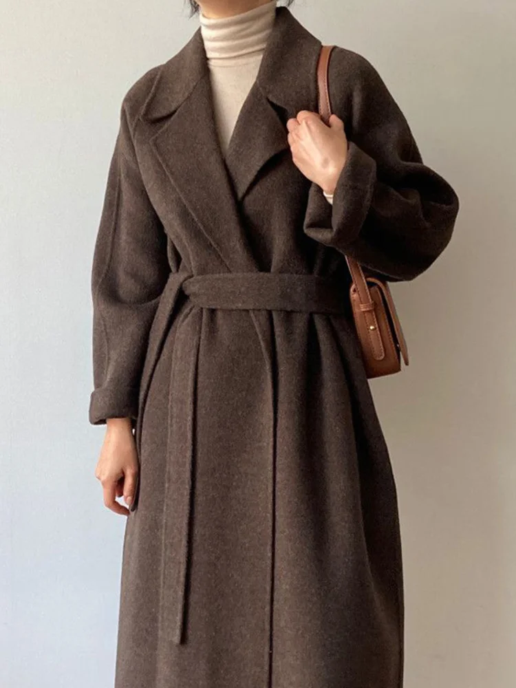 

Vintage Chic Outerwear Female Thick Overcoat Fashion 2022 Autumn Winter Women Loose Blet Long Brown Woolen Coat Overcoat H684