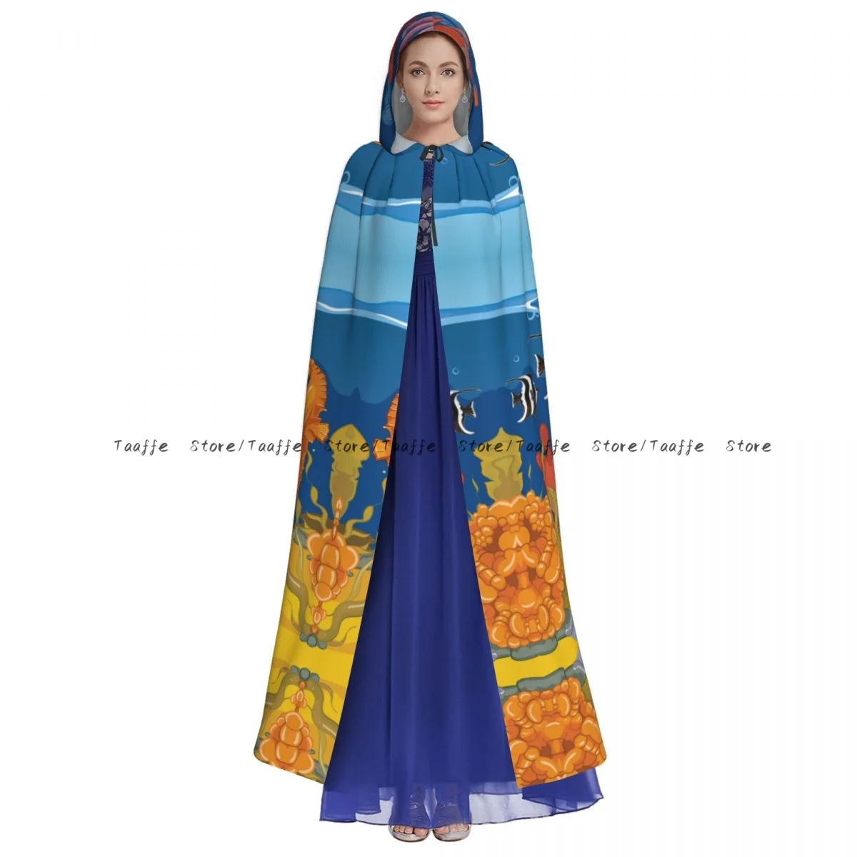 Underwater Landscape Cartoon Ocean Sea Fish Coral Witch Cloak Hooded Cosplay Costume Halloween Adult Long Party Cape