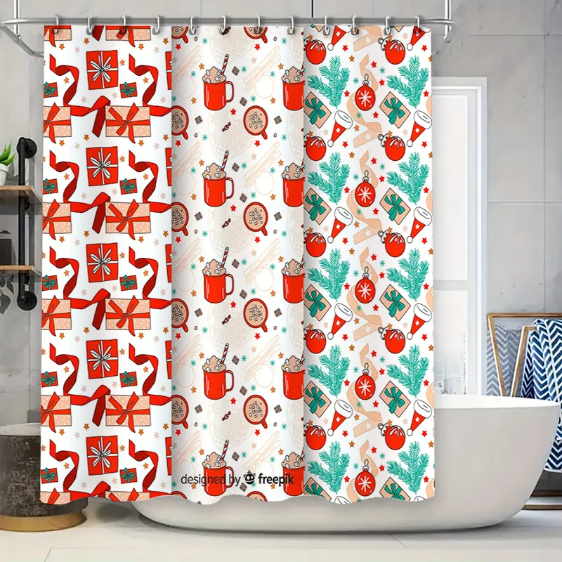 Vintage Christmas Shower Curtain Set Decorative Bathroom Liner for Xmas Decorations Festive Red Green Colors Gift Idea (36 x 72
