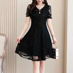 Elegante Mode Sexy Mesh Lace V-hals Party Dames Jurken Mode Slim Korte Mouw Midi Jurk Voor Vrouwen 2023 Zomer vestidos