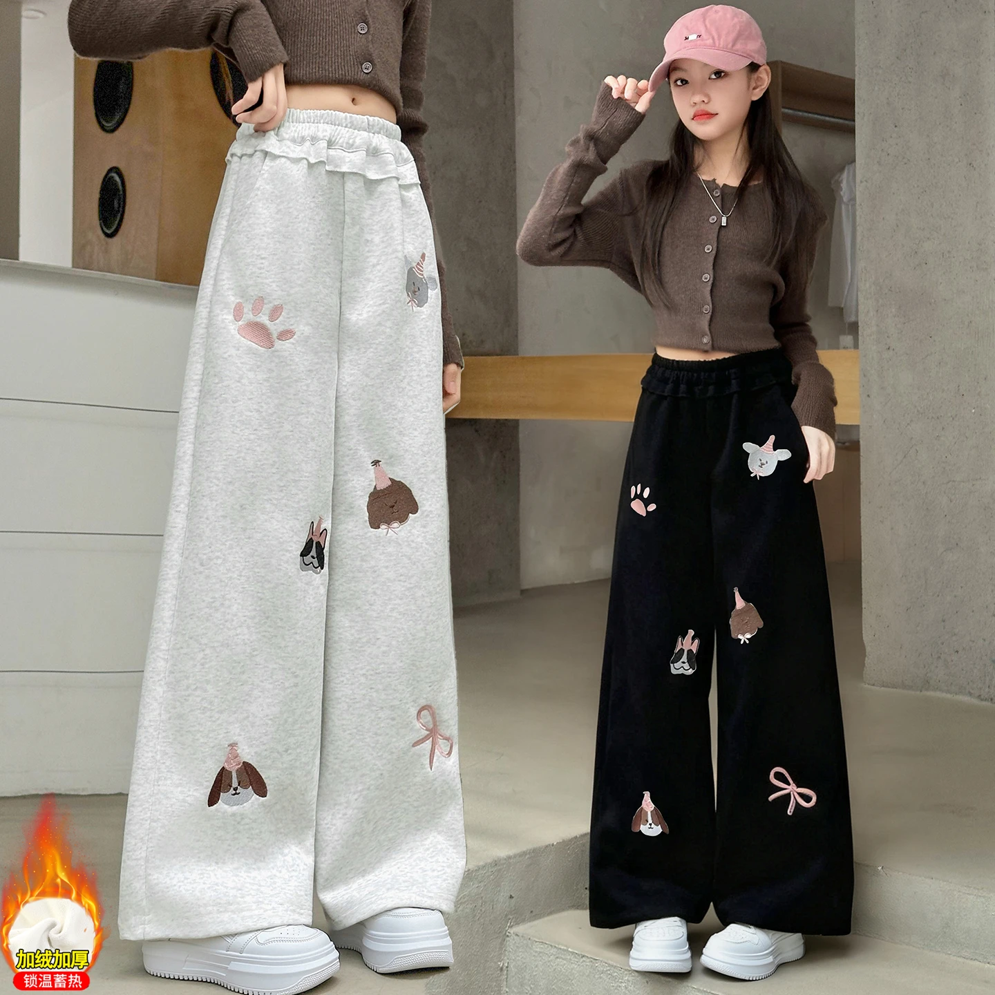 

Fashion Y2K Baggy Pants Girls Cartoon Embroidery Loose Wide Leg Insulated Jeans Streetwear Aesthetic Casual Trousers Age 4-14Y