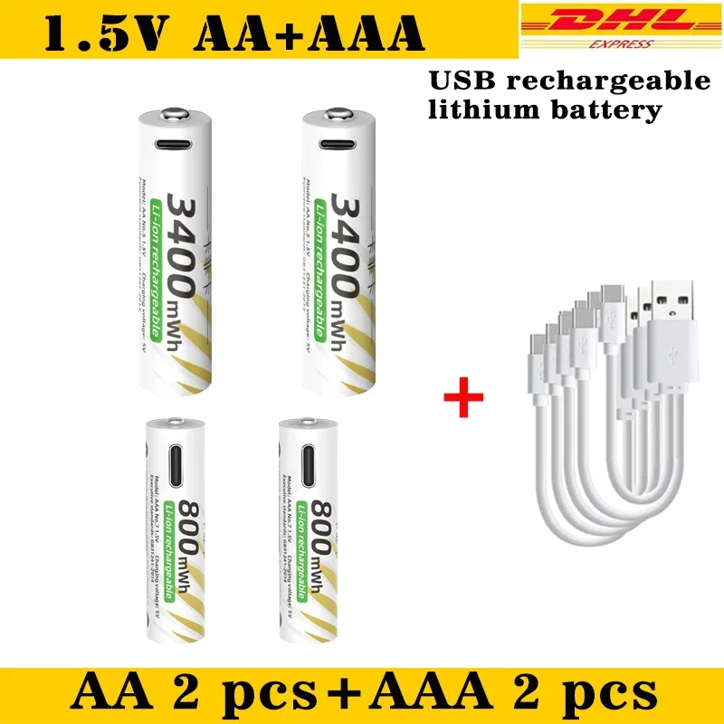 

Новые литий-ионные аккумуляторные батареи типа AAA и AA, USB-литий-ионные аккумуляторы 3400 мВтч, 1,5 В, AA + 800 мВтч, 1,5 В, батарея AAA