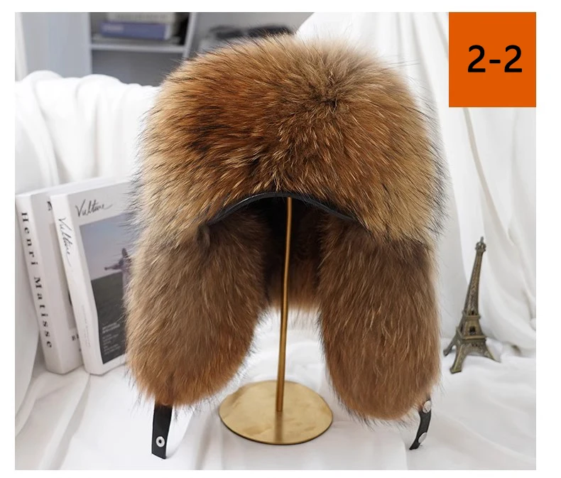 Winter 100% Echtes Silberfuchsfell Bombermütze Waschbärpelz Mütze Neue Herren-Ushanka Trapper Russische Herren-Skimütze Echte Lederkappen – Detail 12