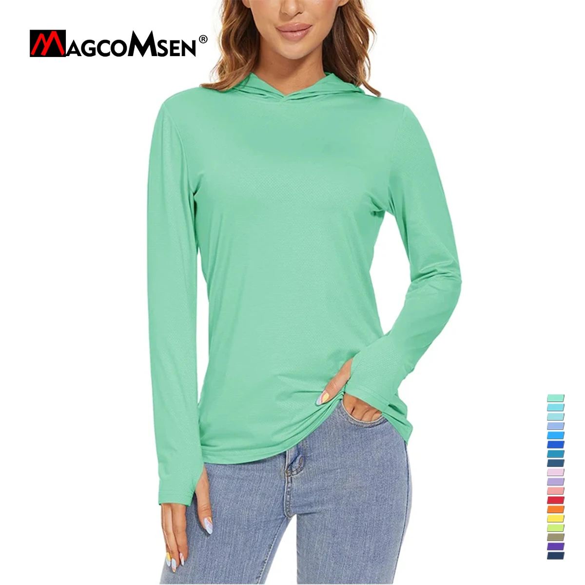 MAGCOMSEN Women's Trekking T-Shirt UPF 50+ UV Protection Sportswear Quick Drying Long Sleeve Summer Hoodie Shirt with Thumb Hole