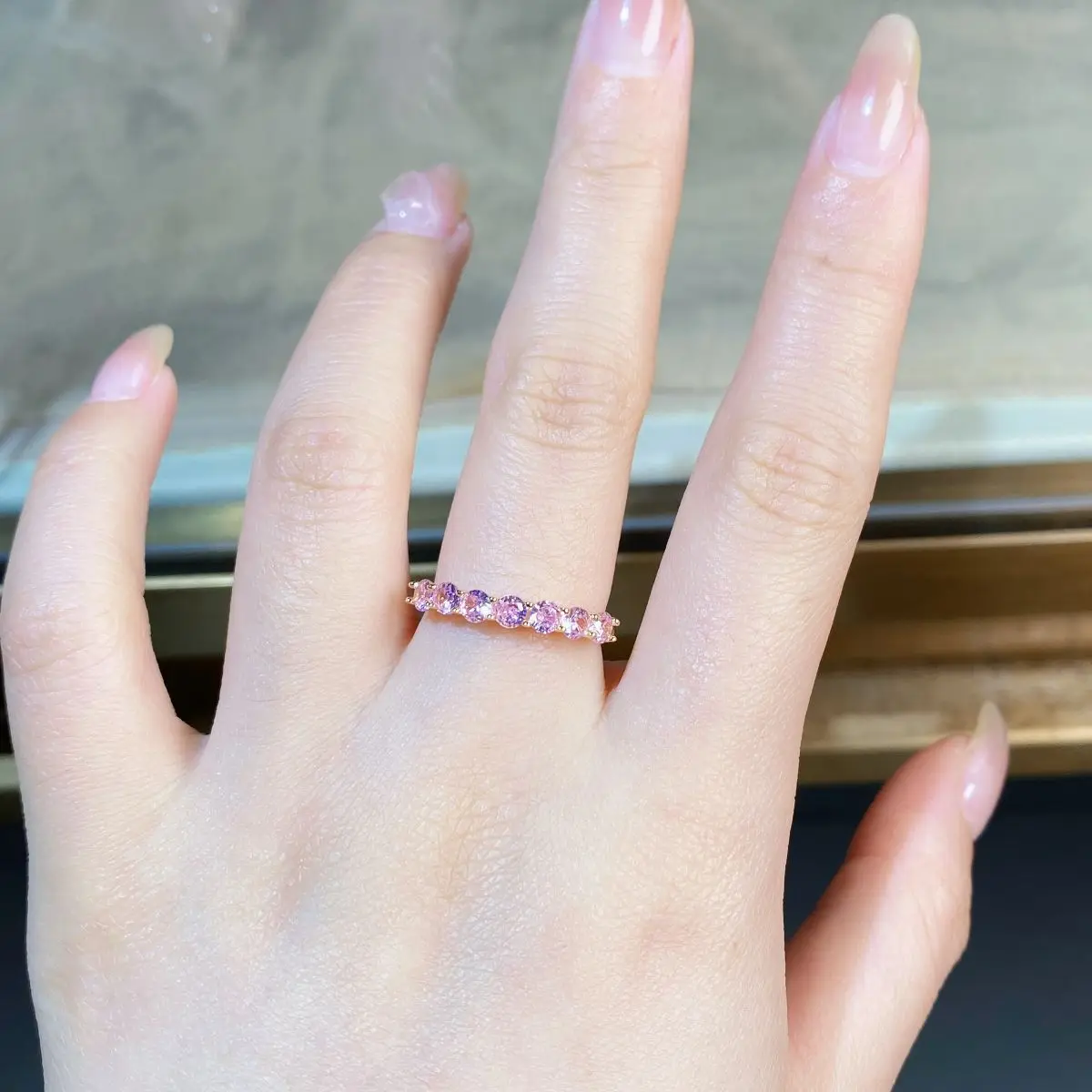 925 Silver Ring 7 Princess Pink Pairing Diamond Ring Pink Diamond Instagram Style Simple and Easy to Match Wedding Jewelry