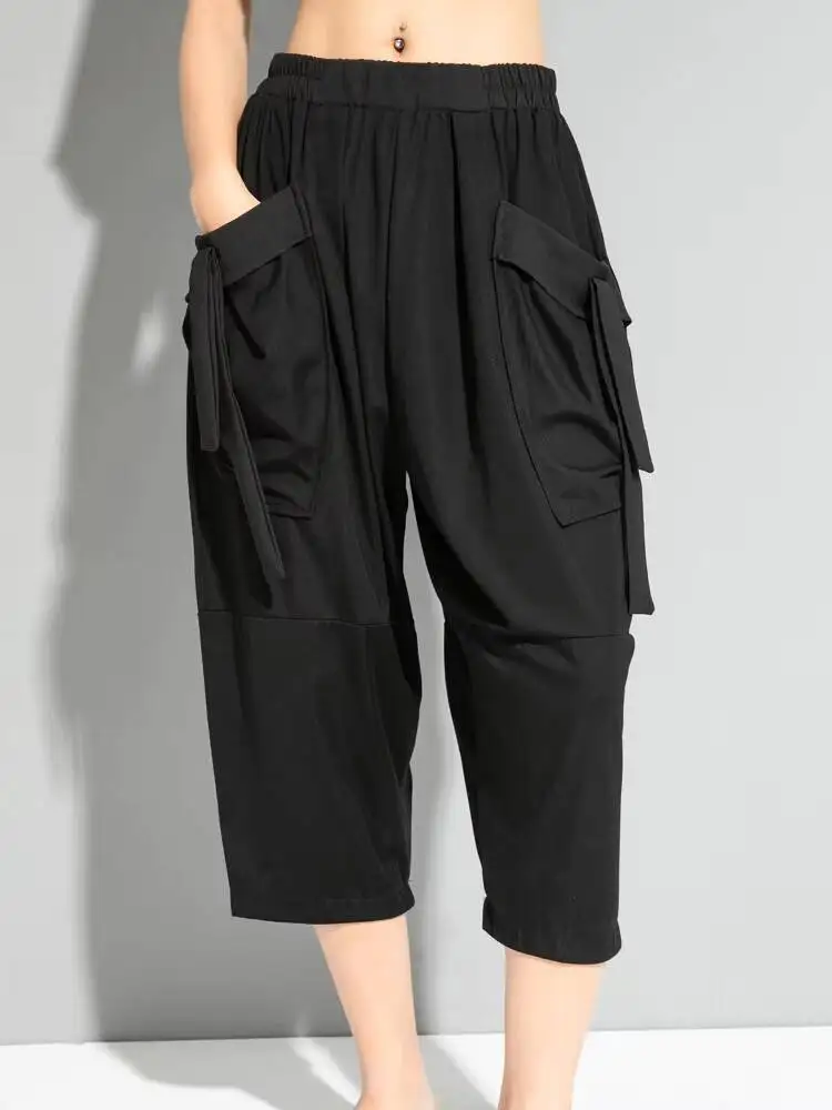 

Ladies Straight Pants Harlan Pants Summer New Classic Dark Personality Stitching Pocket Large Size Seven Casual Pants