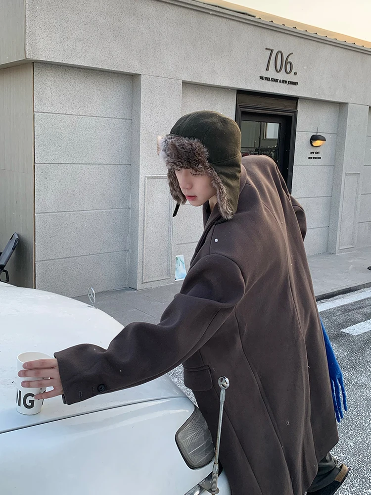 

RE Korean Sle Thiened Woolen Coat Long Over-Knee Winter Warm Men Women Outerwear oulder Pad Design Faionable