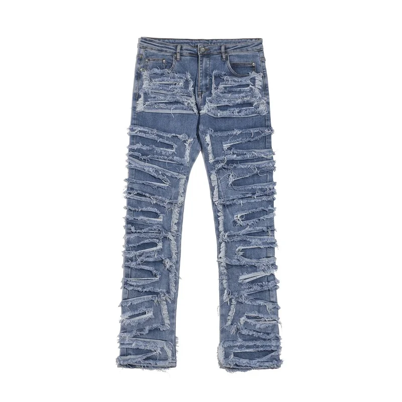 Iins high street hip-hop heavy industry destruction hole patch blue jeans Y2K trendy men's knife cut old trousers