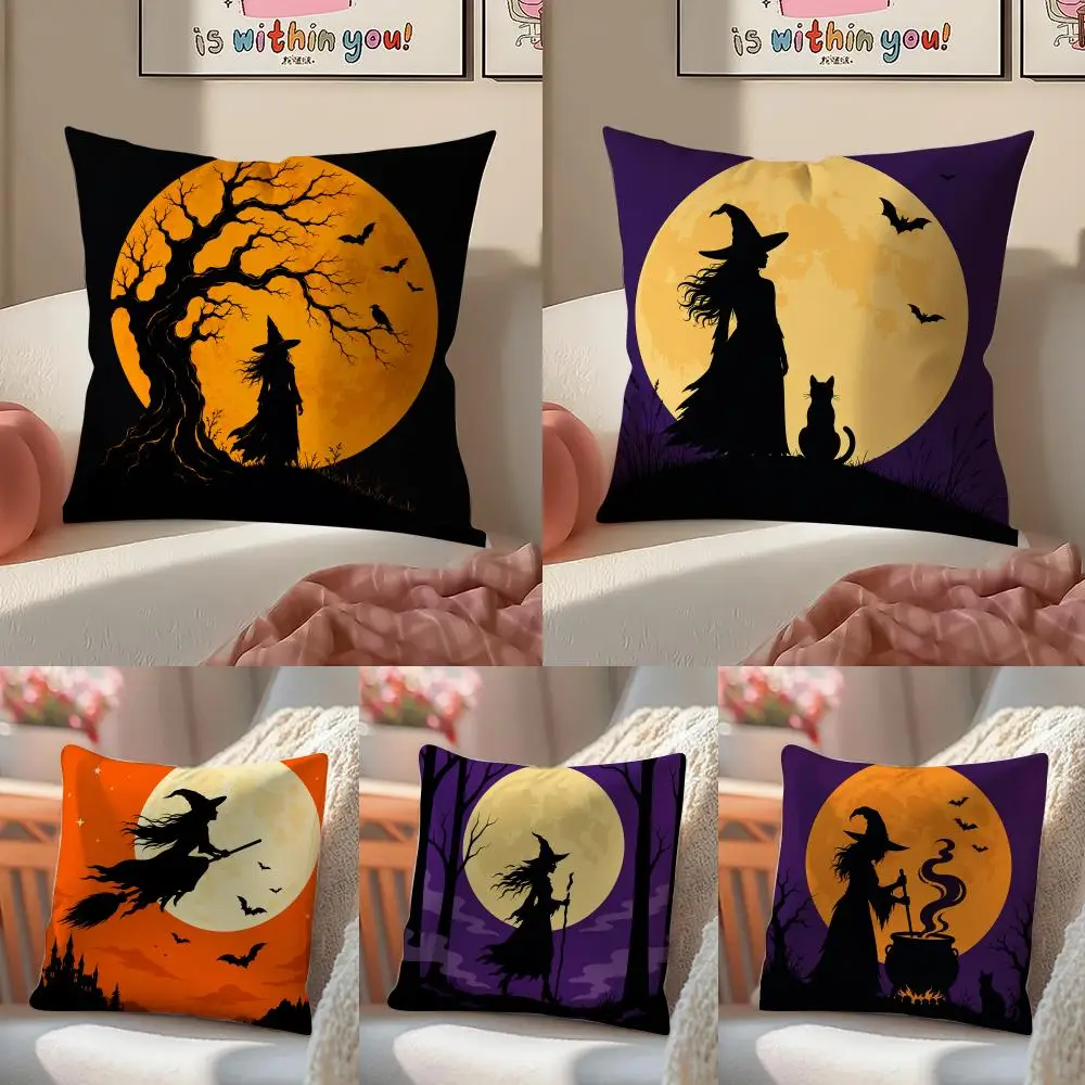 Halloween Witch Silhouette Full Moon Cushion Cover Pillowcase Short Plush Invisible zipper Room Sofa Cushion Cover