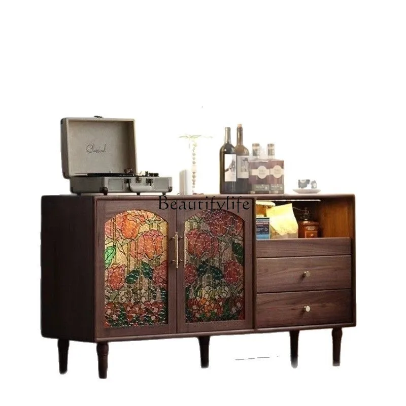 

Dining side cabinet integrated against the wall Living room cabinet black walnut solid wood home retro