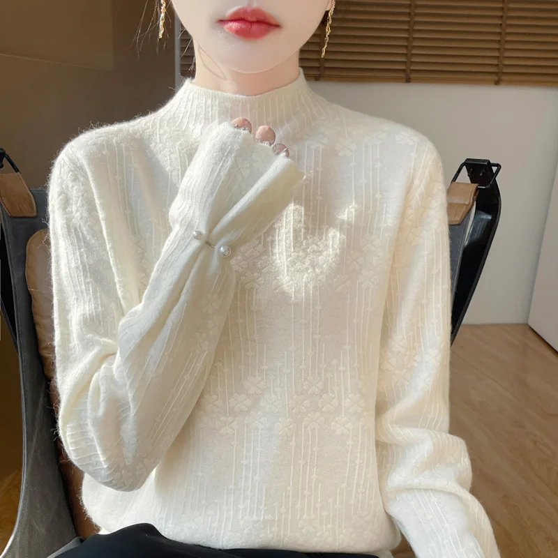 

Ladies' Autumn /Winter Knitted Sweater French socialite 3D jacquard lace sleeves semi high neck base Fashionable New sweaterTop
