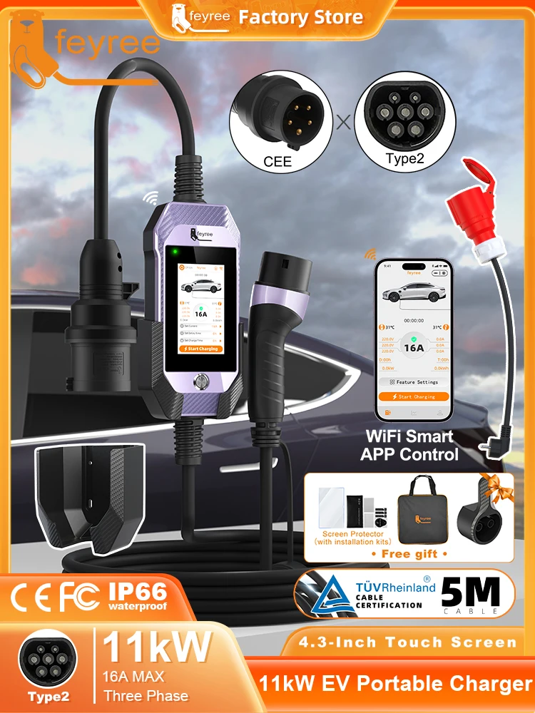 Feyree History Ladeprotokoll für Elektrofahrzeuge Typ2 Tragbares EV-Ladegerät APP Wi-Fi-Steuerung 16A 11kW 3-phasig 4,3'' Touchscreen Smart
