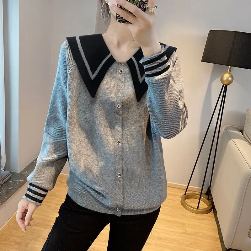 Grey doll collar pullover for women casual sweaters European products autumn 2023 casual long sleeve pullover sweater female