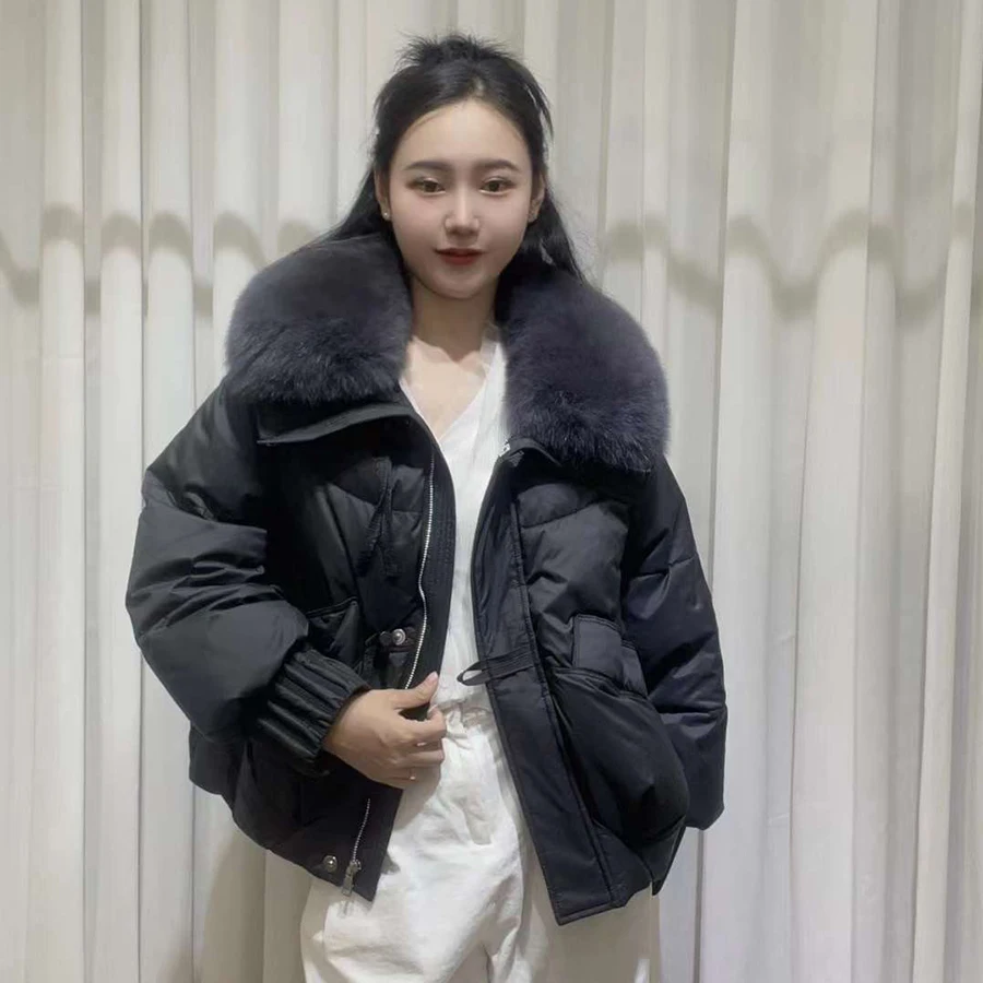 Winter Puffer Jacket Real Fox Fur Collar Goose Down Jacket Women Short Goose Down Coats Luxury Warm