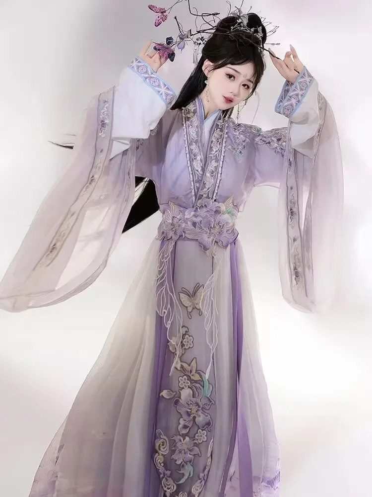 Gaun Cina untuk Wanita Kostum Cosplay Peri Wanita Hanfu Ungu Bordir Tradisional Kuno Gaun Hanfu untuk Pesta S M L