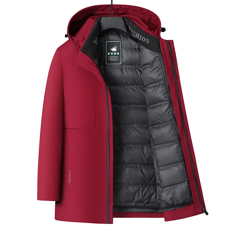 سترة عالية الجودة للرجال في منتصف العمر مكونة من ثلاث قطع بغطاء للرأس وقابلة للفصل، معطف سميك من ريش البط الأبيض للأعمال الراقية