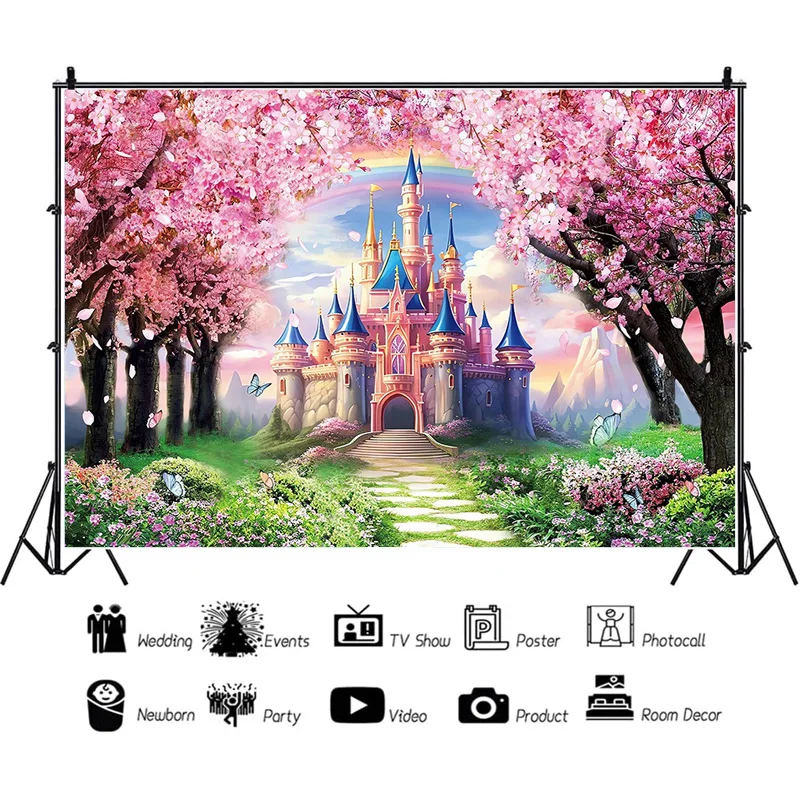 

ZHISUXI Happy Birthday Photography Backdrops Castle Fairy Tale Pink Rose Gender Reveal Theme Studio Background Props VV-118