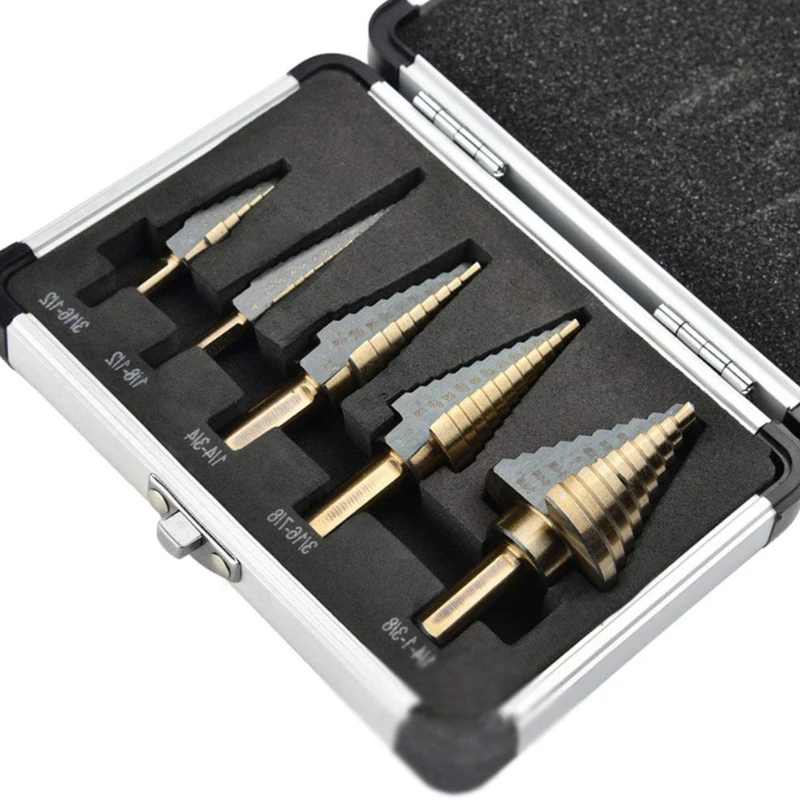 Step Drill Bit Opening Tool 5 Pieces Aluminum Box Pack High Speed ​​Steel Metal Pagoda Reaming Center Drill Bits