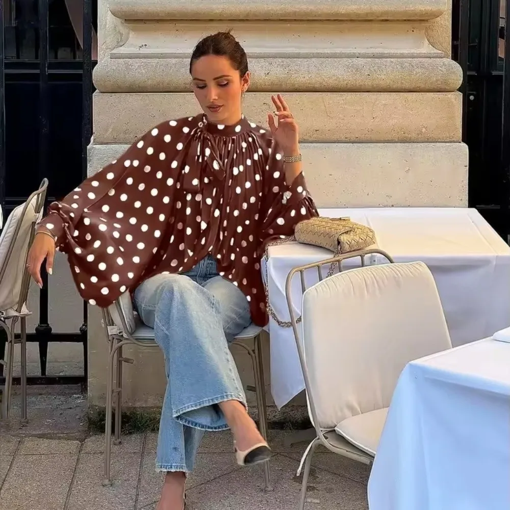 

Fashion Lantern Sleeve Polka Dot Shirt Loose Fit Pleated Lace Up Blouse Comfortable Long Sleeve Chiffon Blouses Commute Outing