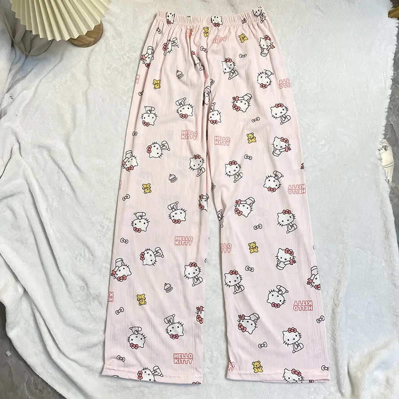 Hello Kitty Pajama Pants Anime Kawaii Sanrio Summer Cool Fabric Cartoon Print Loose Comfortable Breathable Cute Girl Trousers