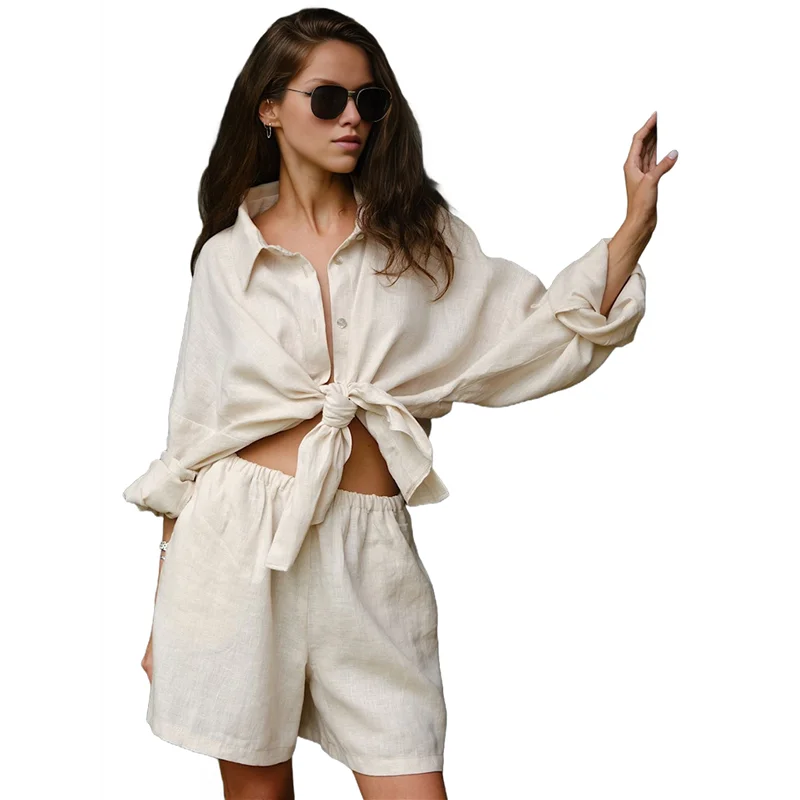 

TEXU Womens 2 Piece Cover Ups Set Cotton Beach Short Sets Short Sleeve Button Down Shirt Shorts Resort Wear 2025