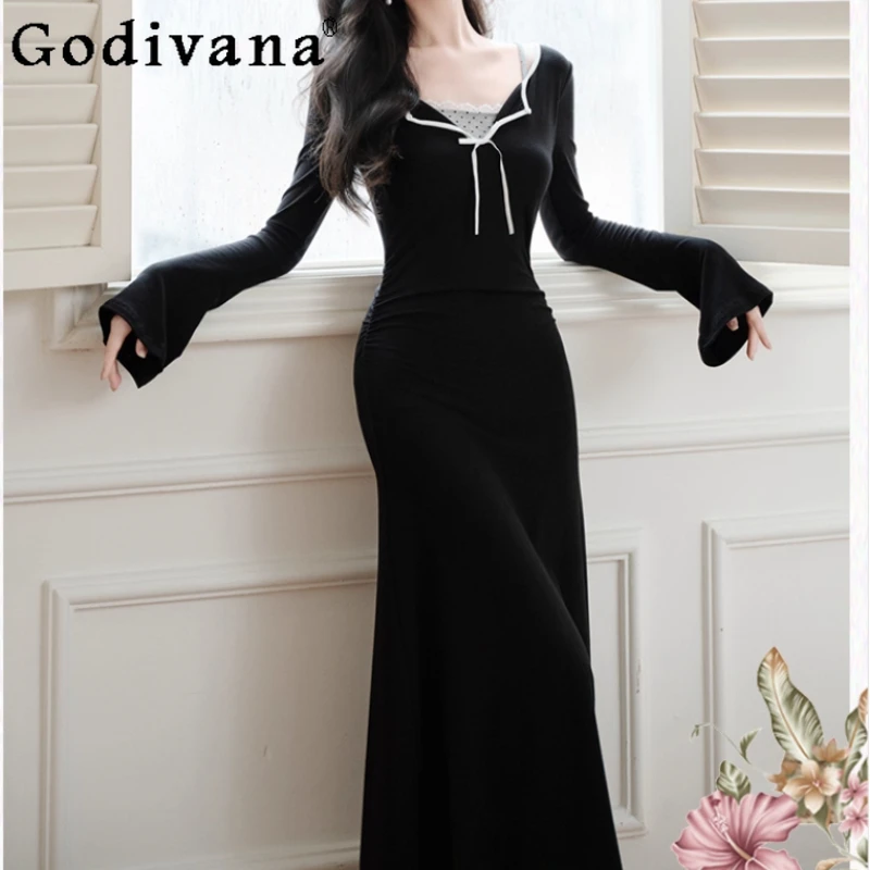 

Autumn Elegant French Knitted Bottom Black Flare Sleeve V Neck Dress Fashion Temperament High Waist A-line Versatile Dresses