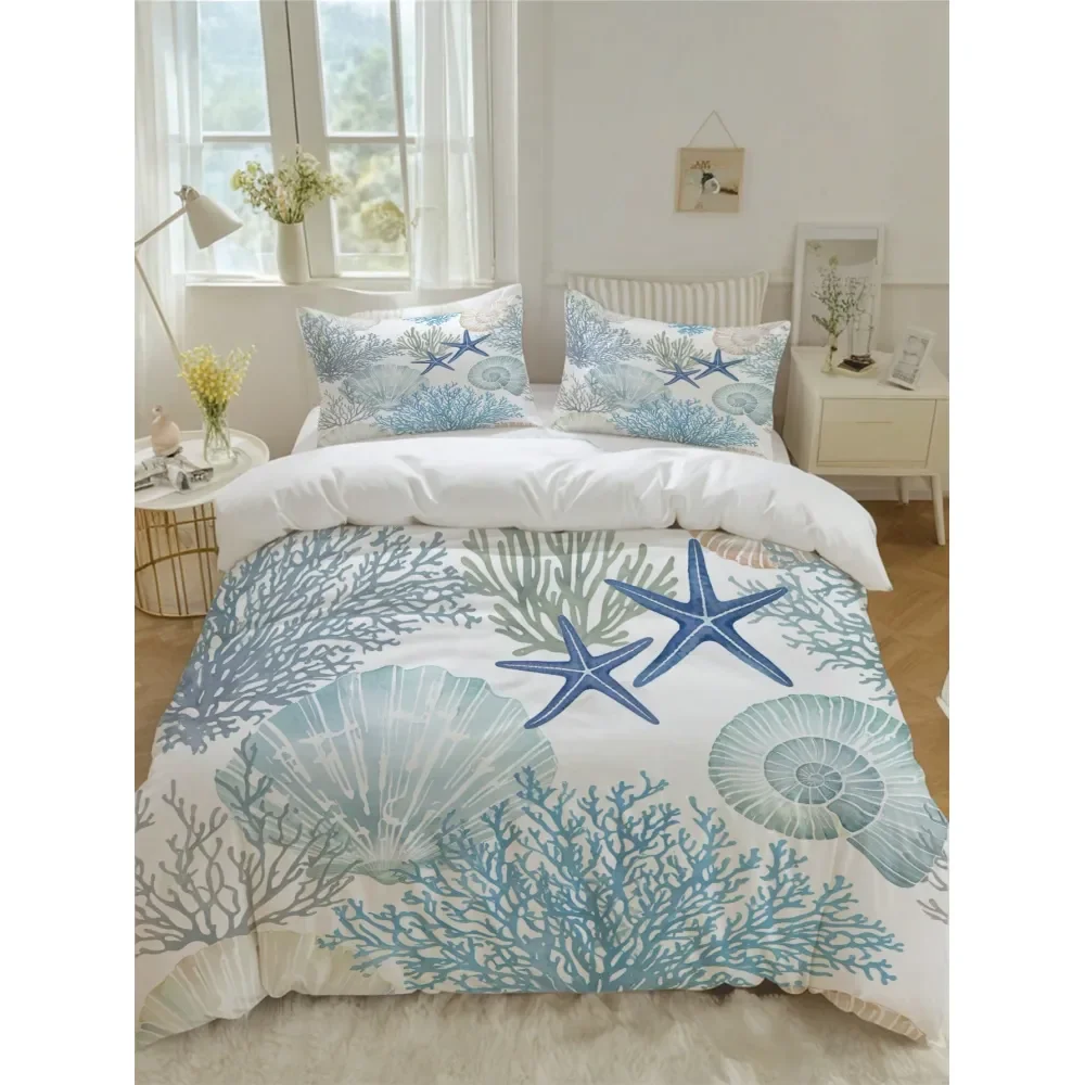 

Creative Fashion Ocean Coral Print Duvet Cover Set 1Duvet Cover 2Pillow Shams, Comforter Not Included, Featuring Starfish And C