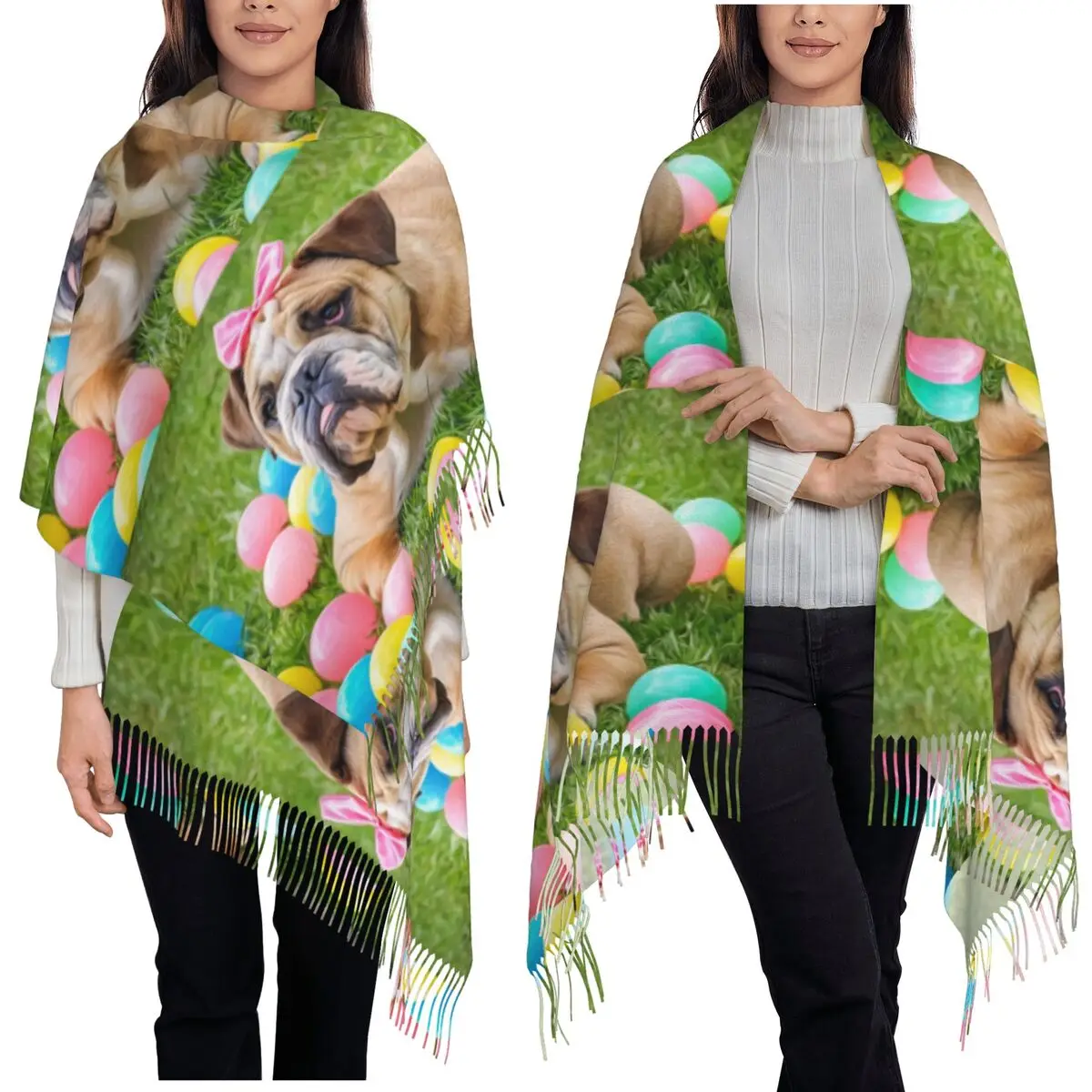 

Шарф с пасхальным бульдогом, шарфы с кисточками для женщин, мягкие теплые шали и накидки, большая осенне-зимняя шаль